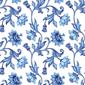 seamless floral pattern, medieval background, watercolor hand painted illustration, blue flowers and leaves, delft, indigo, vintage botanical wallpaper