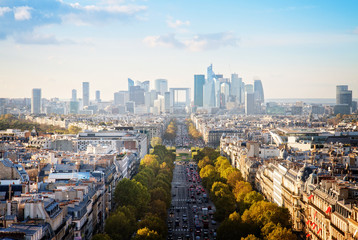skyline of Paris city towards La Defense district, France, retro toned - obrazy, fototapety, plakaty