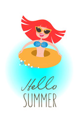 Happy girl in rubber ring. Vacation at sea! The beach activities. Vector illustration.