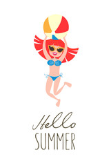 Happy girl in swimsuit playing with a ball. Vacation at sea! The beach activities. Vector illustration isolated on white background.