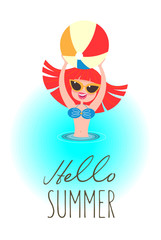 Happy girl in swimsuit playing with a ball. Vacation at sea! The beach activities. Vector illustration.