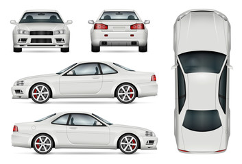 Sports car vector template for car branding and advertising. Isolated coupe car set on white. All layers and groups well organized for easy editing and recolor. View from side, front, back, top. - obrazy, fototapety, plakaty
