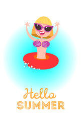 Hello summer! Happy girl in rubber ring. Vacation at sea! The beach activities. Vector illustration.