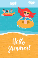 Hello, summer! Beach activities, banana boating, swimming with inflatable circle.