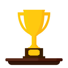 Gold trophy cup standing on a wooden table isolated on white background. Vector illustration icon.