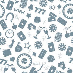 Seamless pattern on the theme of gambling and money, a grey silhouettes of icons on the white background 