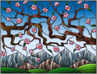 Naklejki  Illustration in stained glass style with the cherry blossoms on a background of mountains and  sky