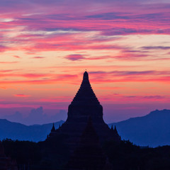 Beautiful sunset and Silhouette of ancient Pagoda in Bagan Archaeological Zone, Myanmar