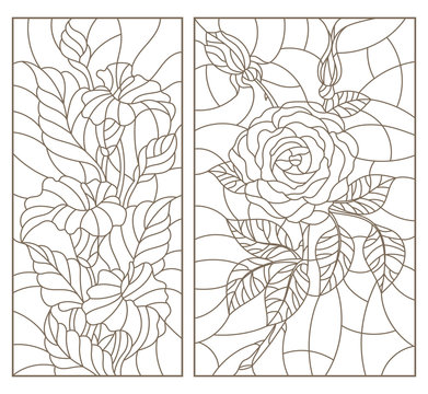 Set contour illustrations in the stained glass style with floral pattern of roses  and Calla lilies , dark outline on a white background