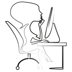 Vector image of a woman working on a computer. The girl who is studying.