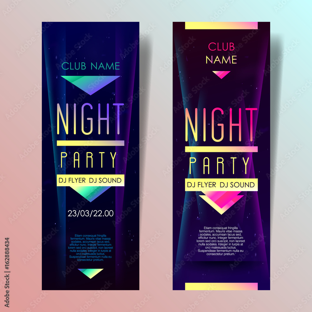 Poster set of two vertical music party flyers with color graphic elements, dark background and text.