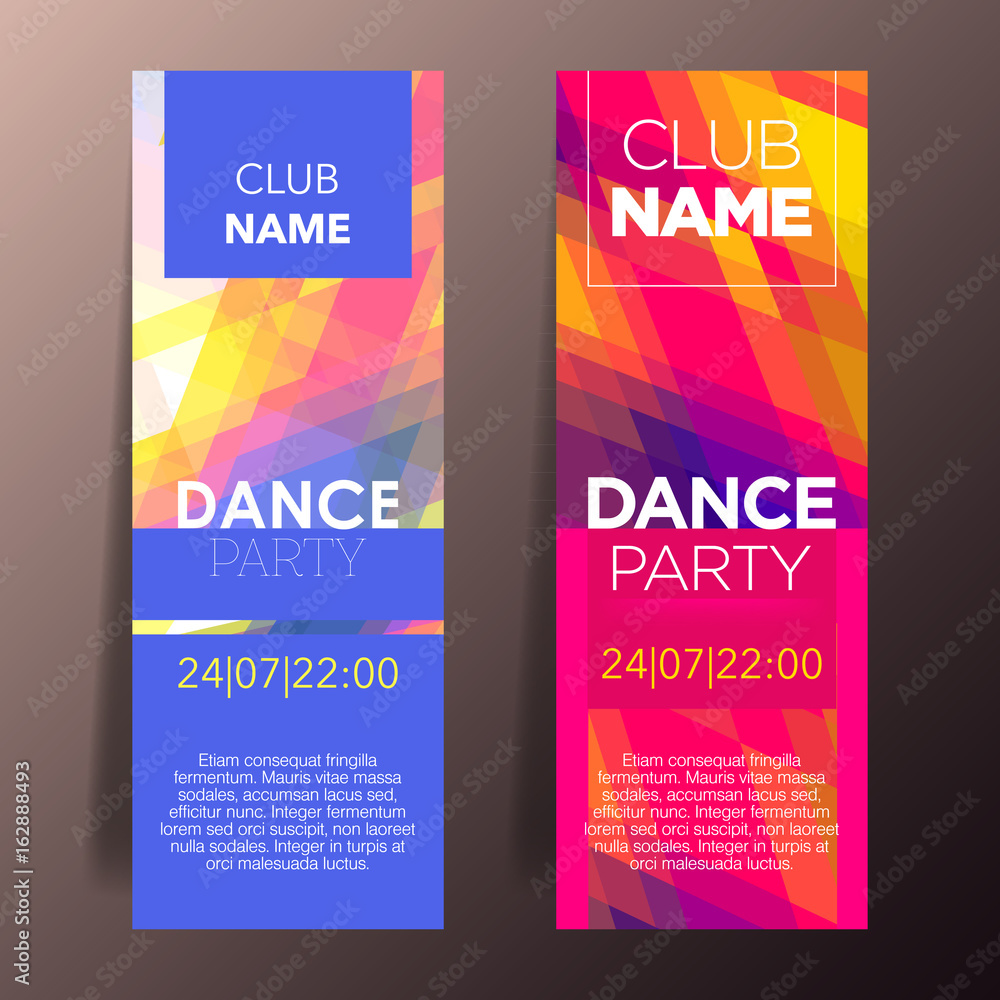 Poster set of two vertical party mosaic flyers with color graphic elements and text.