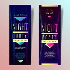 Set of two vertical music party flyers with color graphic elements, dark background and text. 