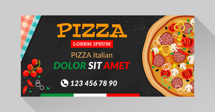 Vector pizza flyer with black background. Vector illustration with long shadow.