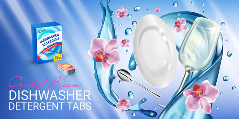 Orchid fragrance dishwasher detergent tabs ads. Vector realistic Illustration with dishes in water splash and flowers. Horizontal banner