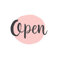 Open Calligraphy Brush lettering with pink hand drawn circle for banner, label, tag, poster or postcard. Brush Script Calligraphy. Typographic Handwritten hand lettered word.