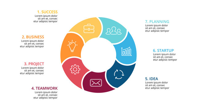 Vector circle arrows infographic, cycle diagram, graph, presentation chart. Business concept with 7 options, parts, steps, processes. Slide template.