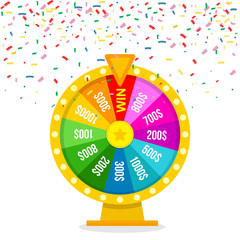 Wheel of fortune and confetti. Vector illustration. Flat design. EPS 10.