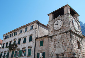 Fototapeta na wymiar Tower with a clock in the old town of Kotor (Montenegro)