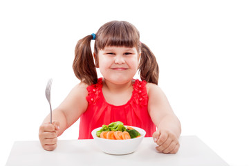 Girl likes healthy food, sits at the table near the plate with vegetables. Child with food isolated on white background