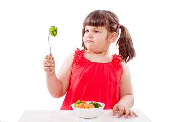 How to teach children to eat healthy food. Girl with broccoli isolated on white background