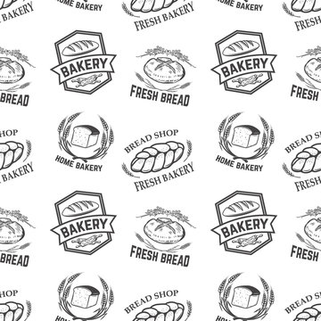 Seamless pattern with bakery emblems. Design element for poster, wrapping paper. Vector illustration