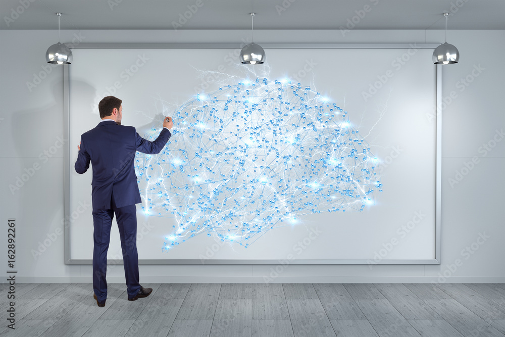 Poster Businessman using digital brain interface on a board 3D rendering
