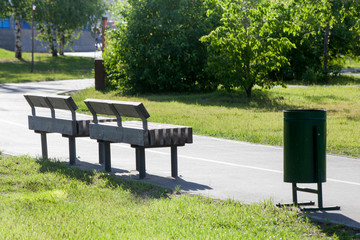 Park benches with trashcan, part of city infrastructure, comfortable relax -2