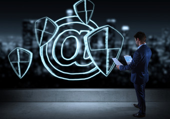 Businessman watching internet security interface sketch on a rooftop 3D rendering