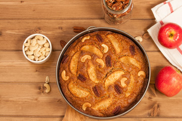 Homebaked Whole Wheat Flour Pie With Apples, Cinnamon, Cashew And Pecan Nuts. In Baking Tray.