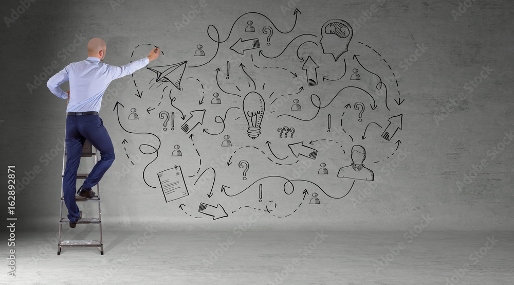Poster businessman watching a project sketch on a wall 3d rendering