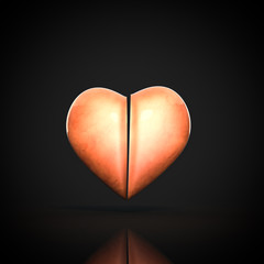 3D heart on black background, split from the center.