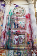 Statue stained with colorful paint after the anti-government protests in Skopje, Macedonia - August...