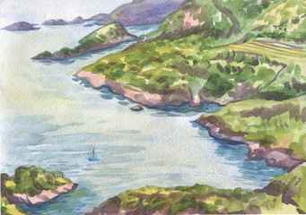 Islands in the sea. Watercolor painting