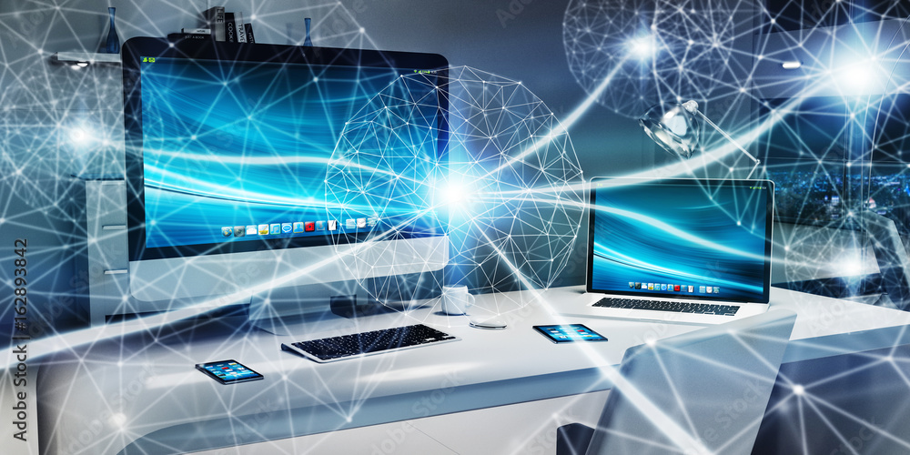 Poster Floating glowing dot network on desktop 3D rendering