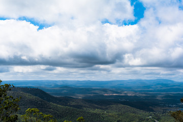 The panoramic countryside hilly landscape view on mountainse from lookout in Toowoomba, Australia
