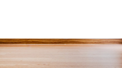 Laminate flooring and teak wood edges over white background-with copy space.