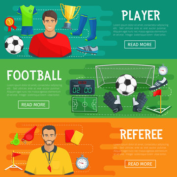 Football vector banners of soccer game items