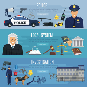 Vector banners of police and legal system judge