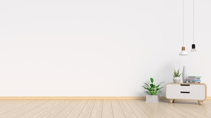 Living Room Interior with plants, cabinet,lamp on empty white wall background. 3D rendering