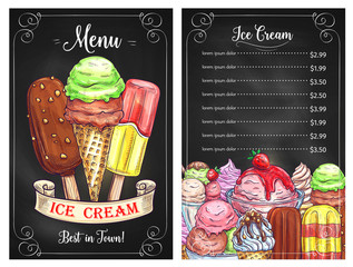 Vector price menu for ice cream desserts cafe