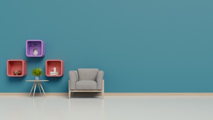 Living room with armchairs and a shelfs in the room the wall blue,3D Rendering