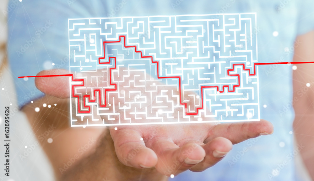 Poster businessman searching solution of a complicated maze