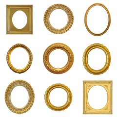 Set of gilded (gold) oval and round frames isolated on white