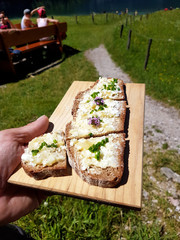 Schüsselkäsebrot mit Almkräuter auf einem Holzbrettchen