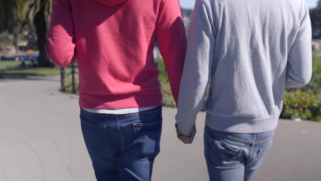 Gay Couple Hold Hands And Walk Along Park Path