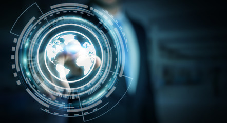 Businessman using web interface to surf on internet 3D rendering