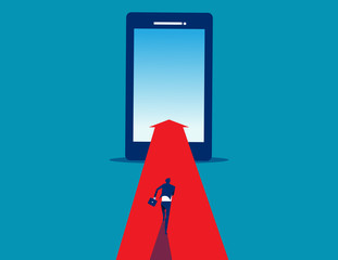 Businessman running go to smartphone. Concept business online marketing.