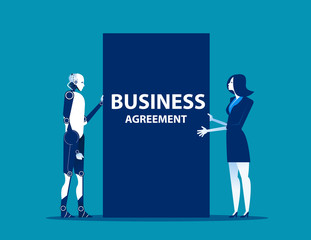 Business people with robot and agreement of business. Concept business vector illustration.