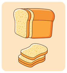 Half a loaf of bread and slices, vector icons.